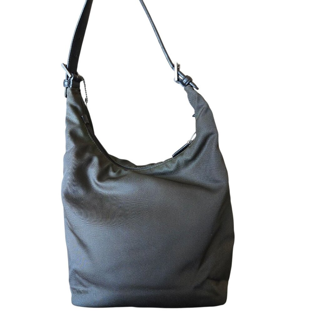 Coach Olive Twill Fabric Hobo Bag With Leather Trim & Handle Metal Logo Hang Tag - Picture 9 of 9